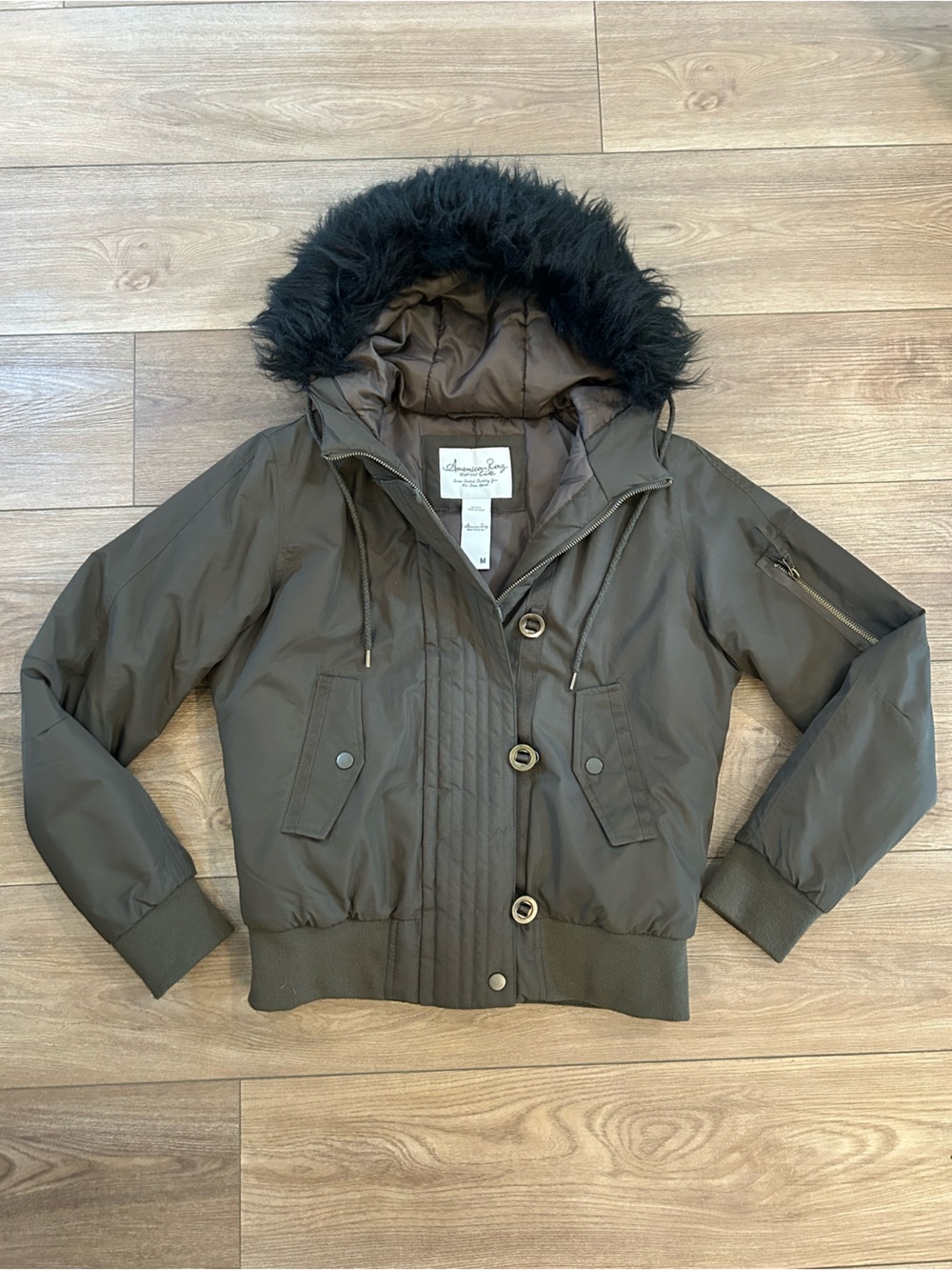 American Rag Hooded Bomber Jacket Faux Fur Trim Olive M